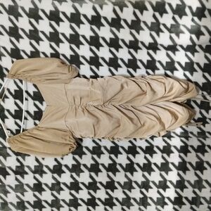 Tan Ruched Puff Sleeve Dress